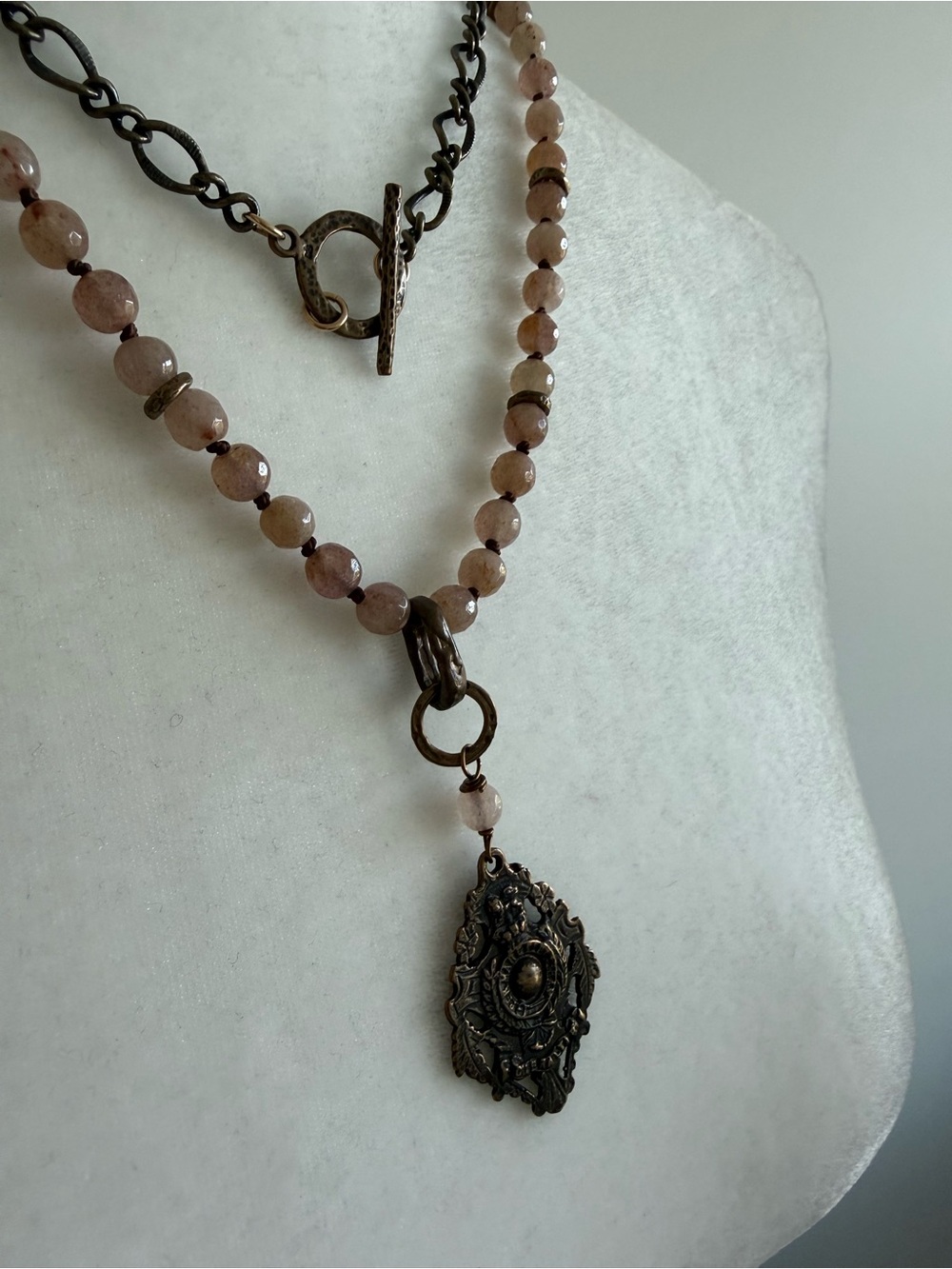 Delicate Pink Beaded Pendant Necklace with Antique Bronze Accent